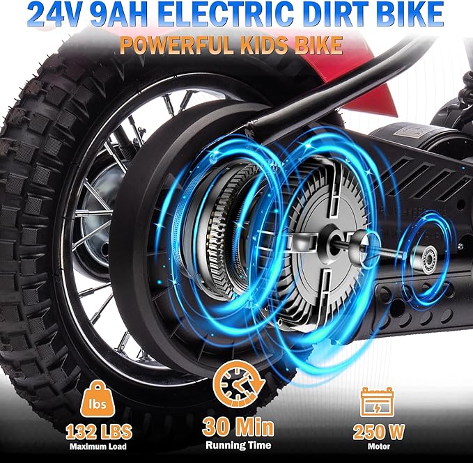 24V 9AH Electric Dirt Bike for Kids, 250W Strong Motor 13.6MPH Fast Speed Electric Retro Off-Road Motorcycle, Leather Seat Dirt Bike, LED Lights, Air-Filled Tires, Red