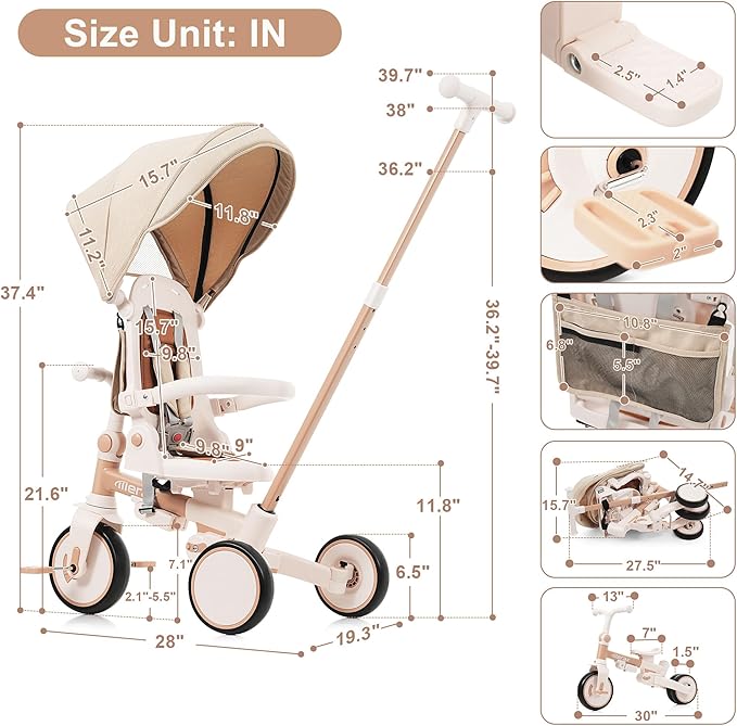 Foldable Toddler 7-in-1 Tricycle Removable Pedal, Canopy, and Guardrail Adjustable Parent Push Handle Ages 1-6 Years