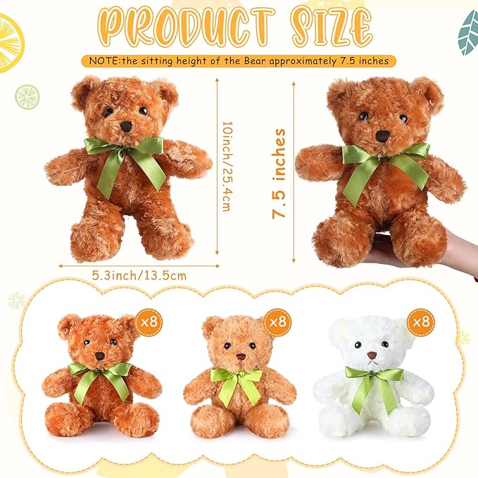 Hungdao 24 Pcs Bear Bulk Plush Stuffed Animals 10 Inch Cute Soft Stuffed Bear with Green Bow for Baby Shower Birthday Party Gift (Dark Brown, Light Brown, White)