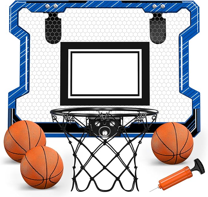 Mini Basketball Hoop Indoor, Door Basketball Hoop with 3 Balls & Inflator, Basketball Toy Gifts for Kids Boys Girls Teens Adults, Suit for Bedroom/Office/Outdoor/Pool, Blue