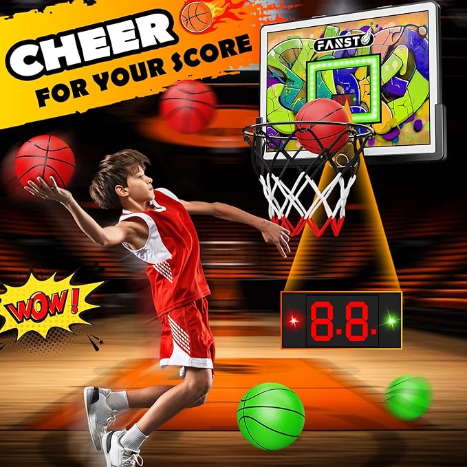Over The Door Basketball Hoop, Basketballs Hoops Indoor for Kids with LED Cheering, Anti-Impact, 2 Game Mode& Mute Mode, Mini Hoops Door Slam Toy with 4 Ball for 5 6 7 8 9 10 11 12 Old Boys