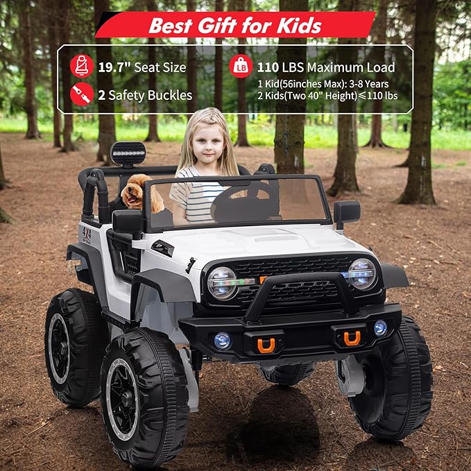 2 Seats 24V Kids Ride on Truck with Remote Control, Battery Powered Electric Ride Car Toy for 3-8 Years, 4 Motors,20" Seat Width for 2 Seaters, LED Light,Music,High/Low Speeds,Shovel, USB (White)