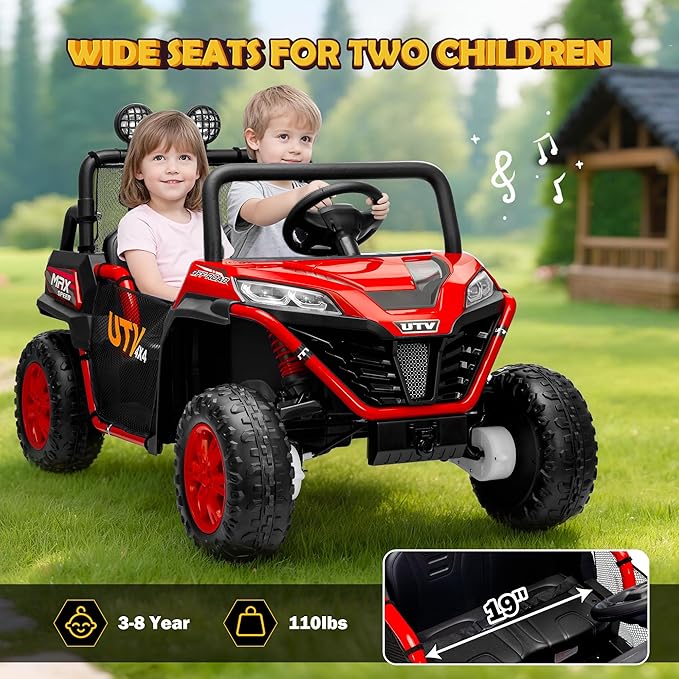 2 Seater 24V Ride On Toys for Big Kids, Electric UTV Car with Remote Control, 4-Wheeler Suspension, Side by Side Vehicle Max 110lbs, Soft Start, Bluetooth, Lights, Ride on Truck Kids 3 Years+, Red