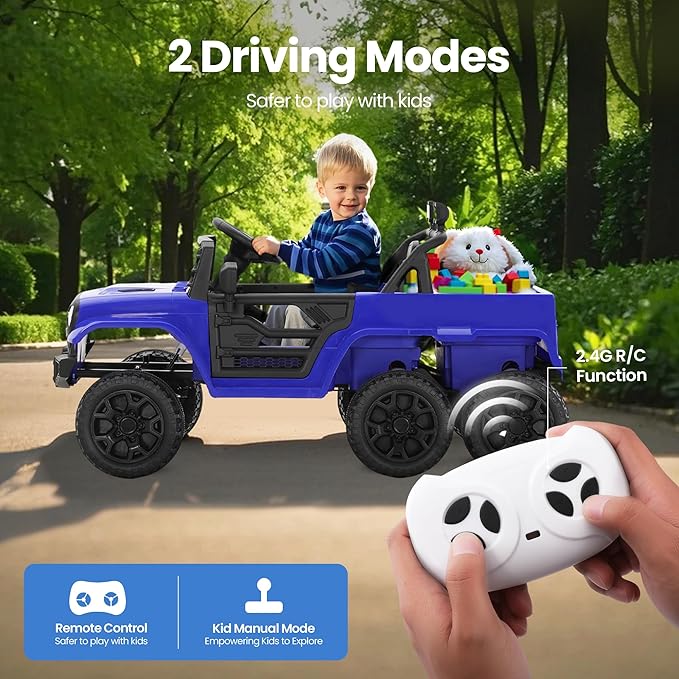 12V Power Wheels Jeep for Kids - Ride On Truck Car w/2WD/4WD Switch w/Parent Remote Control, 6 Wheels Suspension Electric Car for Kids, Blue