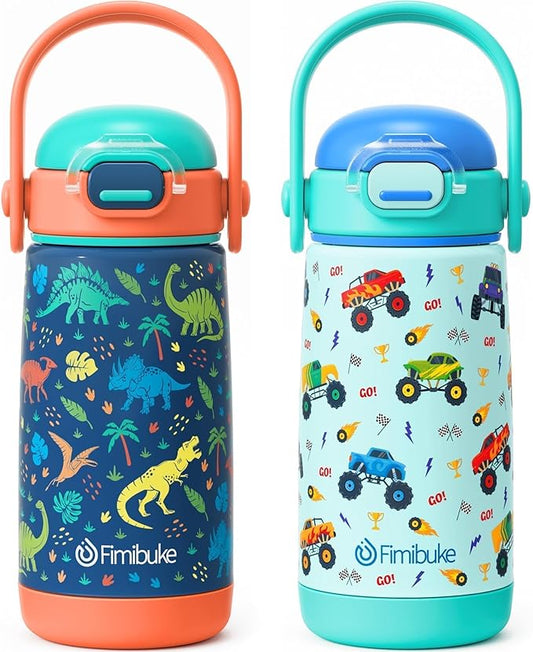 Fimibuke Kids Insulated Water Bottle with Straw Lid & Handle - 14oz BPA FREE 18/8 Stainless Steel Metal Tumbler Leak Proof Double Wall Vacuum Kids Cup Toddler Water Bottle for School Boys Girls