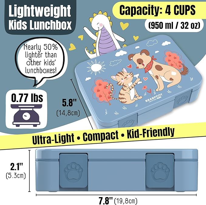 BEARFOOT Kids Lunch Box with Compartments – Compact & Lightweight | Leak-Proof, BPA-Free, Dishwasher & Microwave Safe | Hand-Drawn Design for Preschool, School, Travel (Dog & Cat Blue, 4 Cups)