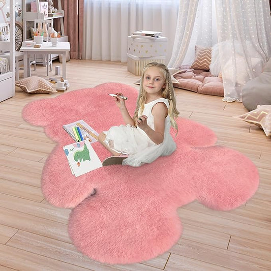 4.6x6 ft Pink Bear Soft Fluffy Large Rug, Shaggy Faux Sheepskin Fur Rug Fuzzy Shag Area Rug Cute Plush Carpet for Nursery Kids Girls Bedroom Room Aesthetic Living Room Floor Home Decor, Pink