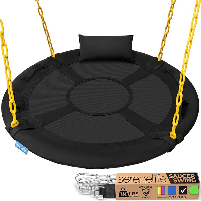 SereneLife 40" Saucer Swing - Outdoor Swing Set with Heavy-Duty Chains & Hanging Kit, Swinging Seat Spinner with Pillow & Carry Bag, Weatherproof, Water-Resistant, Supports Up to 700 lbs, Black