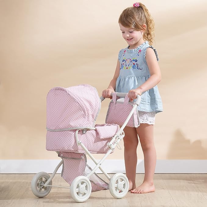 Olivia's Little World Buggy-Style Baby Doll Stroller with Retractable Canopy, Storage Underneath, Detachable Bassinet, Travel Nursery Bag, Comfortable to Push, Pink and Gray