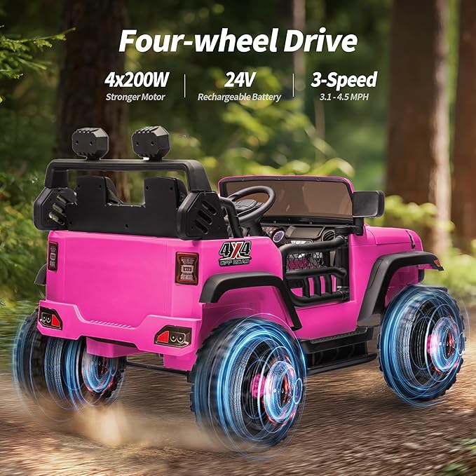2 Seater Ride on Car Toy, 24V 4WD Electric Car for Kids 4-8 with Remote Control, 4x200W Motors, Capacity 150 lb - Hot Pink