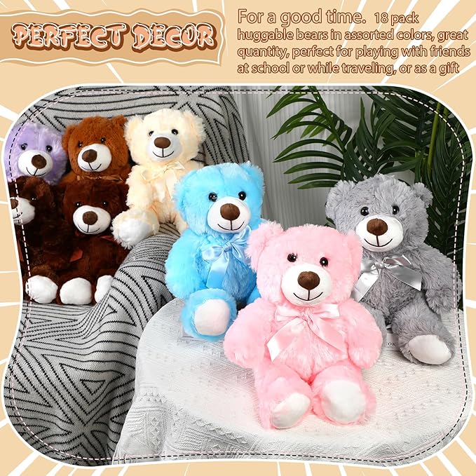 Liliful 18 Pcs 14 Inch Bear Stuffed Animals Bulk Baby Shower Soft Plush Bear Gifts for Birthday Christmas Party Favor Wedding Multicolor Unisex Multi-Purpose Plush Gifts