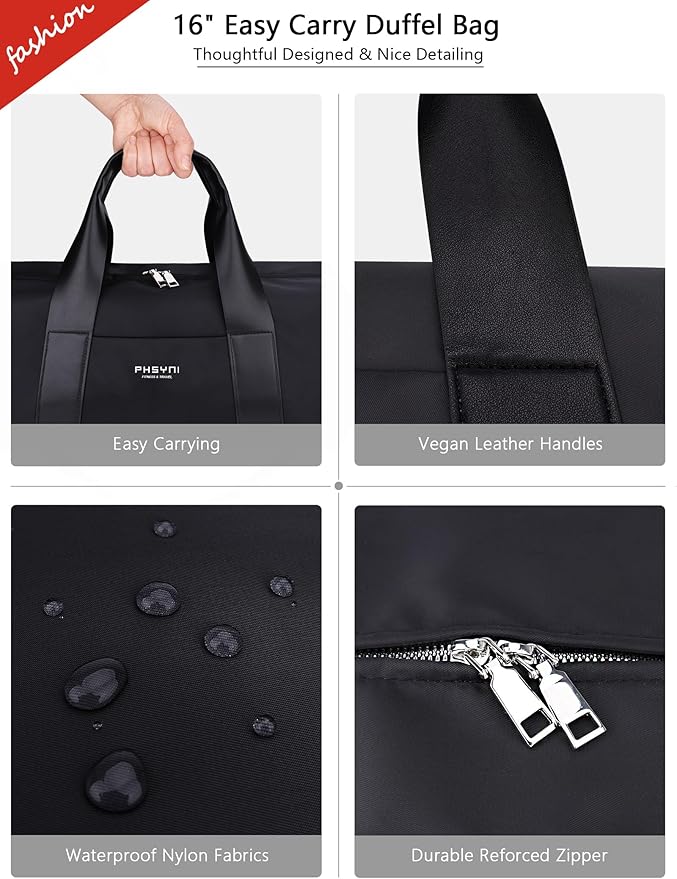 Compact Sports Gym Bag for Women & Girls and Kids, Cute Mini Duffle Bag with Wet Pocket & Shoes Compartment, Personal Item Travel Workout Bag, 16"-Small, Black