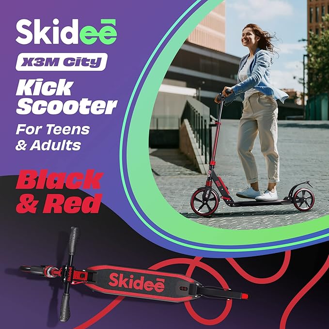 Skidee Adult & Teen Scooter Adjustable Height, Folding, Large Wheels, Lightweight, Durable, Anti-Shock Suspension, Up to 220 lbs