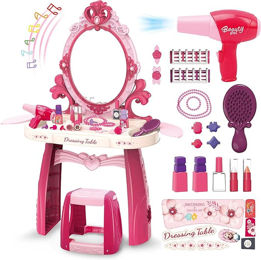 Toddler Vanity Makeup Table Toy with Mirror&Chair，Kids Vanity Set with Light&Music、Pretend Play Makeup Accessories with Hair Dryer Toy，Gift for Girls and Toddlers2 3 4 5 6Years Old