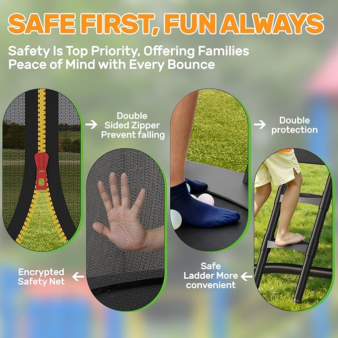 10FT 12FT 14FT 16FTOutdoor Recreational Trampoline with Enclosure Net, Bolt-Free Design Yard Trampoline with Wide Ladder and AntiRust Coating, 2 in 1 Connector for Kids Adults, ASTM Approval