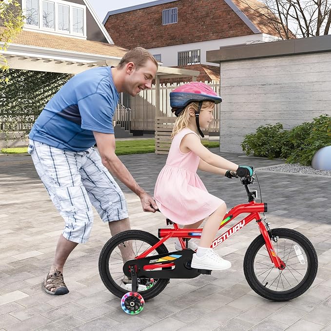 COSTWAY 16”/18” Lighted Kids Bike, Children Sport Bicycle with LED Light-up Frame, Adjustable Saddle, Training Wheels, Handbrake & Coaster Brake, Kids Riding Bike for 4-7/4-8 Years Old Boys & Girls