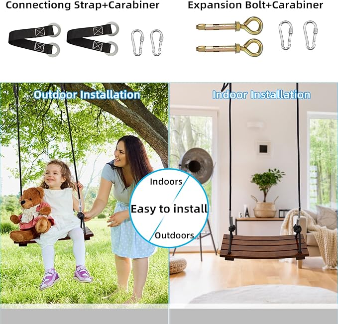 PELLOR Wooden Swing Seat, Carbonized Hanging Wood Tree Swing 17.7 x 7.9 x 0.5 in for Adult Kids Children Anticorrosive & 100% Waterproof 440lbs Load Indoor Outdoor Backyard Play