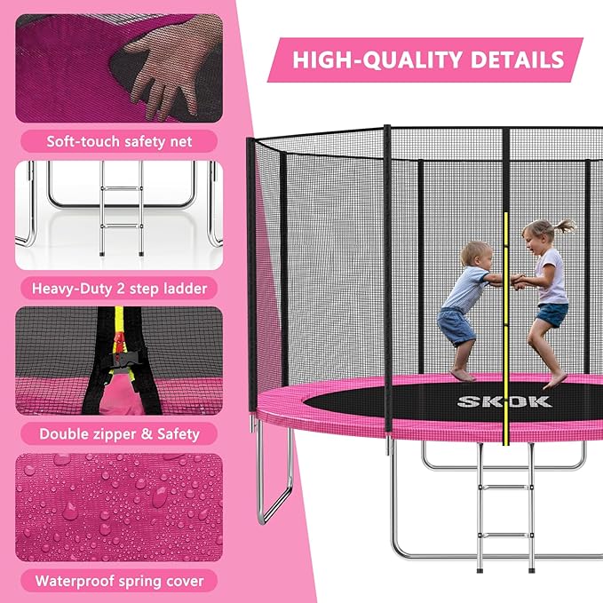 SKOK Trampoline 8FT 10FT 12FT 14FT 15FT Trampolines with Enclosure Net, 400LBS Outdoor Trampolines for Kids with Basketball Hoop-ASTM Approved Trampoline for Children and Adults with Ladder