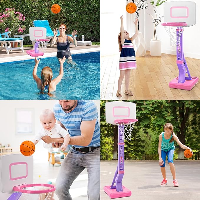 Toddler Pink Basketball Hoop Indoor Set for Age 1-3 2-4 3-5,Adjustable Mini Basketball Hoops for Outdoor Poolside Play,Sport Toys for Little Boys Girls Birthday Gifts