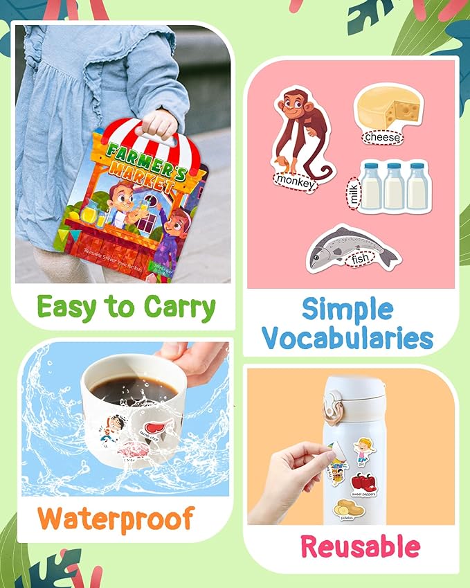Benresive Reusable Sticker Book for Toddlers 2-4 Years, 3 Sets Travel Stickers for Kids, Waterproof Sticker Books for Toddlers 1-3, Crafts Activities for Todddlers 1-3 2-4 3-5