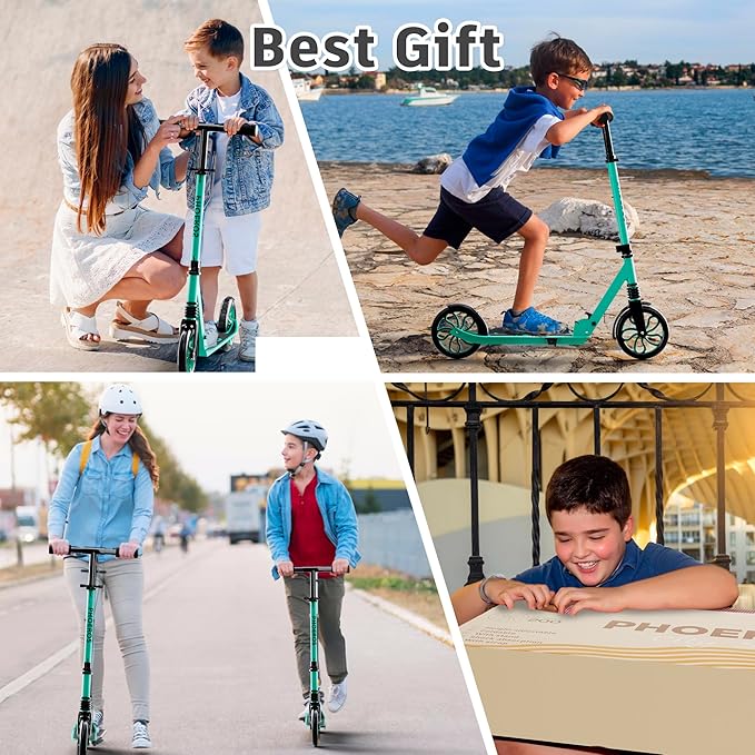 PHOEROS Kick Scooter for Kids Ages 6-12,Teens & Adults, Youth. Lightweight Aluminum Kick Scooter for Teens Adults Boys Girls with 8 inch Big Wheels, Foldable, 3 Height Adjustable, Shock Absorption.