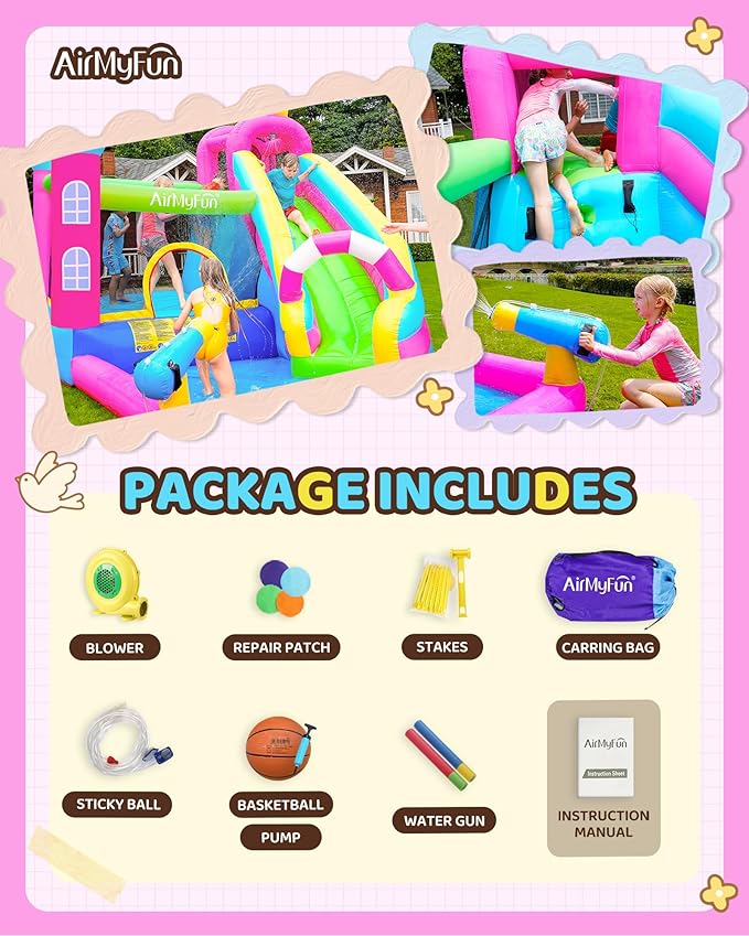 AirMyFun Inflatable Water Slide Pink Princess Bounce House for Big Kids 8-12 with Long Slide and Spray Water Gun for Kids Backyard Inflatable Bouncy Castle
