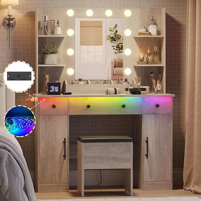 Makeup Vanity Desk with Mirror and Lights, 43" Grey Vanity Set with Chair, 3 Drawers, Power Outlet & Adjustable RGB LED Lights, Dressing Table with Storage Shelf for Women & Girls Bedroom