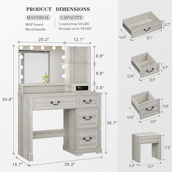 Vanity Desk with Mirror Light and Power Outlet, 39 inch Farmhouse Makeup Table Set with Stool, 3 Color Adjustable Lights Bedroom Dressing Table with 4 Drawer for Women Girls Teens, Gray White