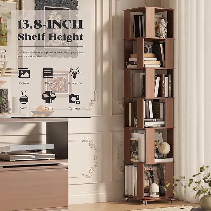 6 Tier Solid Wood Rotating Bookshelf Tower on Wheels, 360° Upgrade Spinning Book Shelf, Revolving Bookcase Organizer, Swivel Bookshelves for Small Spaces, Corner, Bedroom, Kids Room, Office (Walnut)