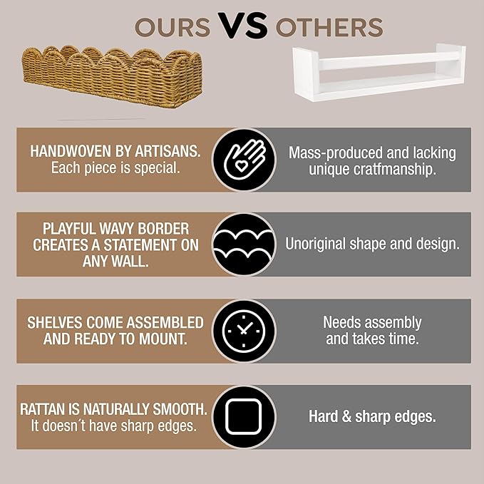 Nursery Book Shelves Set of 2 - Artisanal Natural Rattan Scalloped Book Shelf for Kids Rooms 15.8" W, Cute Wicker Nursery Bookshelf Wall Mounted, Handwoven Floating Kids Bookshelf, Baby Boho Decor