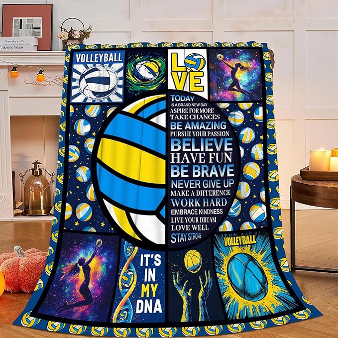 Volleyball Blanket, Blue Volleyball Throw Blanket, Volleyballs Gifts Blankets Stuff Fleece Flannel Plush for Men Boys Women Girls Lovers Adults Soft Bedding Gift for Sofa Bed Office Home Decor 60"x50"