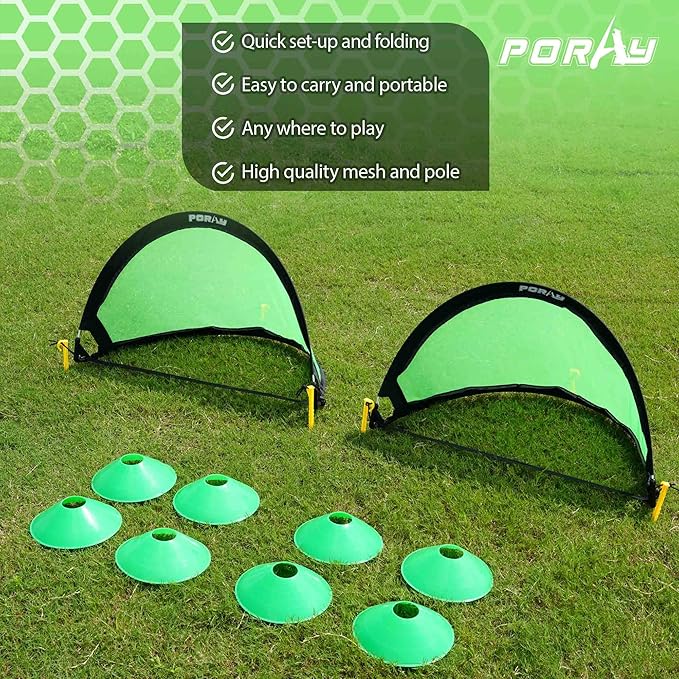 Poray Soccer Goal for Kid Easy-up Set of Two Portable Soccer Net 210D Oxford with 8 Field Marker Cones Extra Stakes Fun for Backyard and Soccer Training