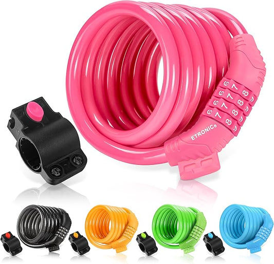 Etronic Bike Lock M6, Cable Lock 6 Feet Long Coiled Security Resettable Combo Combination Lock Bicycle Lock with Mounting Bracket