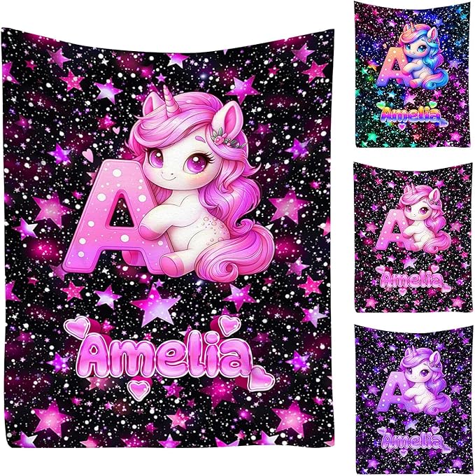 Custom Girl Blanket with Name Personalized Unicorn Blanket Gift for Newborn, Toddler, Teens to Adult for Birthday, Baby Shower, Christmas (Girl-01)