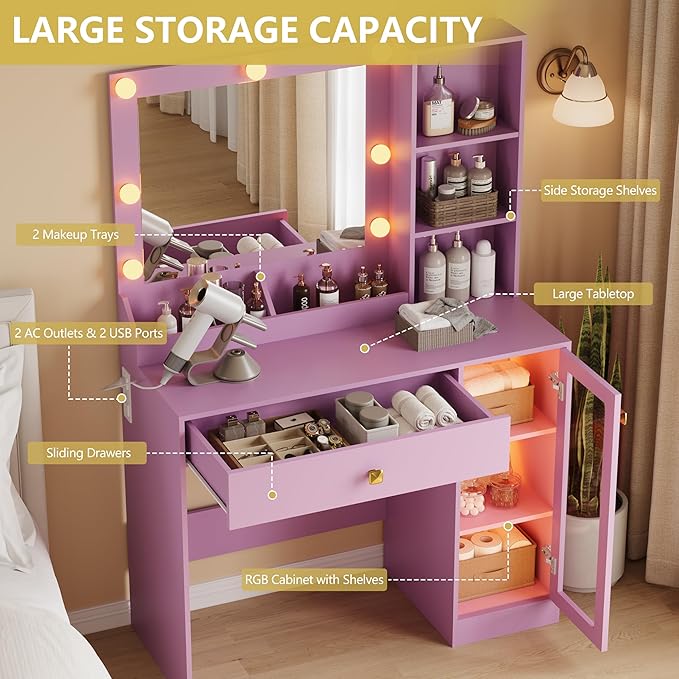 Vanity Desk with Mirror and Lights, Small Makeup Vanity Table with RGB Storage Cabinet & Power Strips & Shelves, 3 Lighting Modes & Adjustable Brightness, Dressing Table for Women Girl Bedroom, Purple