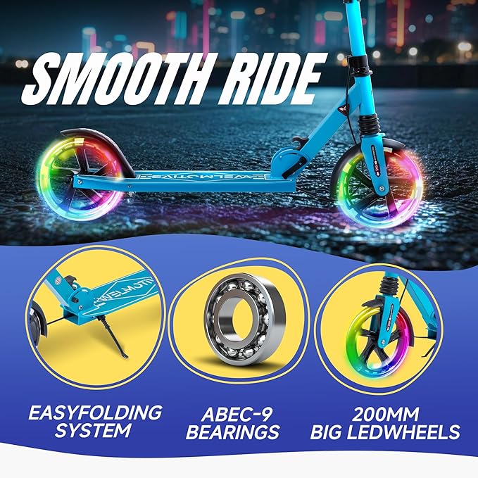 Kick Scooter for Kids Ages 8+ Teens & Adults, with Front handbrake and Rear Brake, and Adjustable Handlebars, Big Sturdy PU Flash Wheels Great Gift & Toy