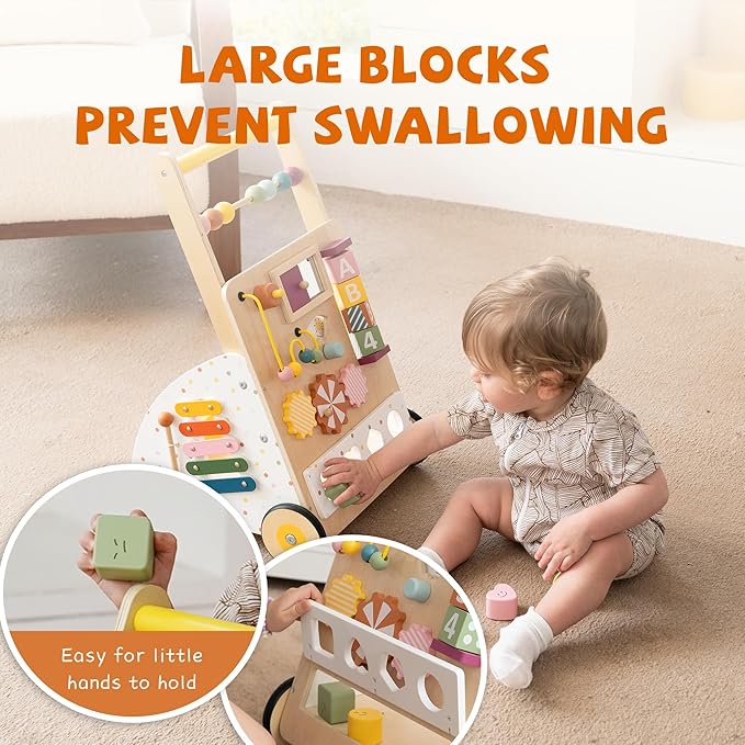 Wooden Baby Walker with Activity Center – Montessori Push Walker Toys for Boys & Girls 18 Months+ – Educational Toddler Learning Walker with 10-in-1 Sensory Games