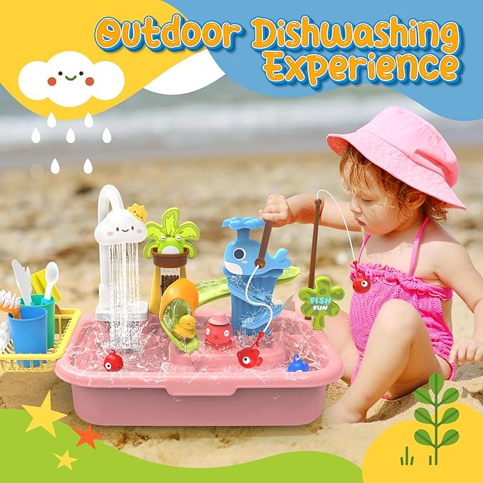 Play Sink with Running Water, 4-in-1 Kids Kitchen Sink Toys with Electric Faucet, Water Table Floating Pool Toy w/Fishing Game, Duck Slide, Pretend Play Dishwasher Set for Toddler Boys Girls (Pink)