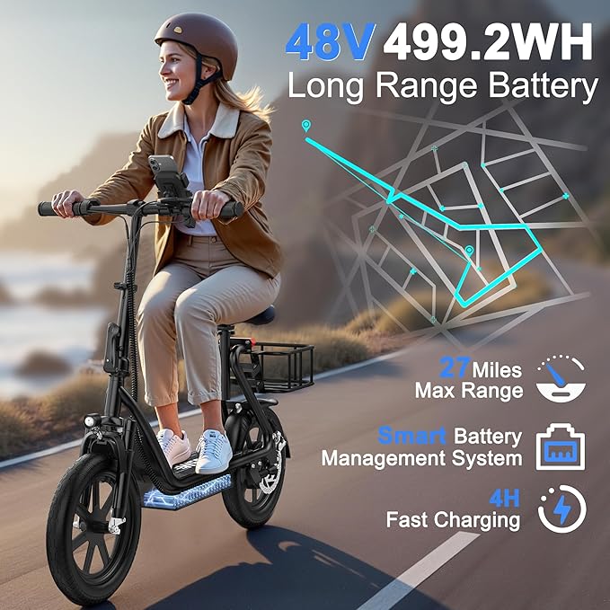 WERHY Electric Scooter, 500W Motor, 14'' Tires, Top Speed 22 mph, Max 27/49 Miles Ranges, Foldable E-Scooter with Suspension, Digital Display, Cruise Control,Rear Seat Box/Basket