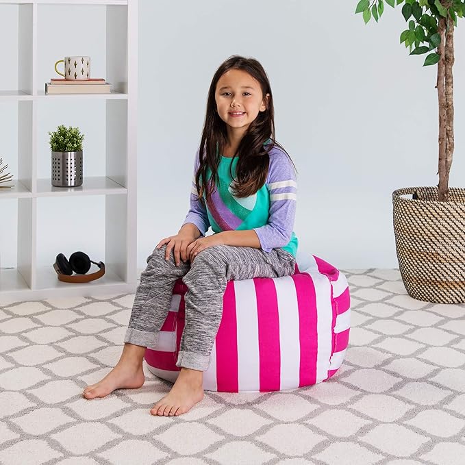 Posh Stuffable Kids Stuffed Animal Storage Bean Bag Chair Cover - Childrens Toy Organizer, Medium 27" - Canvas Stripes Pink and White