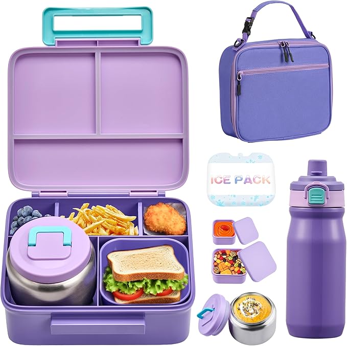 MAISON HUIS Bento Box for Kids with 8oz Soup Thermo, Leak-proof Lunch Food Containers with 5 Compartment, Insulated Lunch Bag & 17oz Stainless Steel Water Bottle for School, Trvael