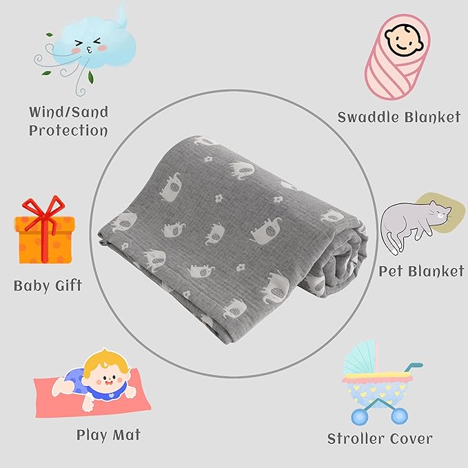 NTBAY 3 Layer Oversized Muslin Cotton Toddler Blanket, Jacquard Reversible Nursery Bed Blanket, Super Soft and Thermal for All Seasons, Baby Gift, 45"x60", Dark Grey Elephant
