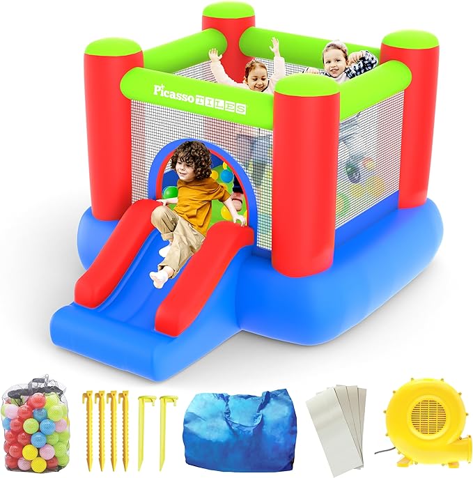 PicassoTiles KC106 8x7 Foot Junior Inflatable Bouncer, Kid Park, Jumping Bouncing House, Jump Slide Playhouse w/ 50 Pit Balls, 3 Sides Mesh Protection, and Heavy-Duty GFCI ETL Certified 385W Blower
