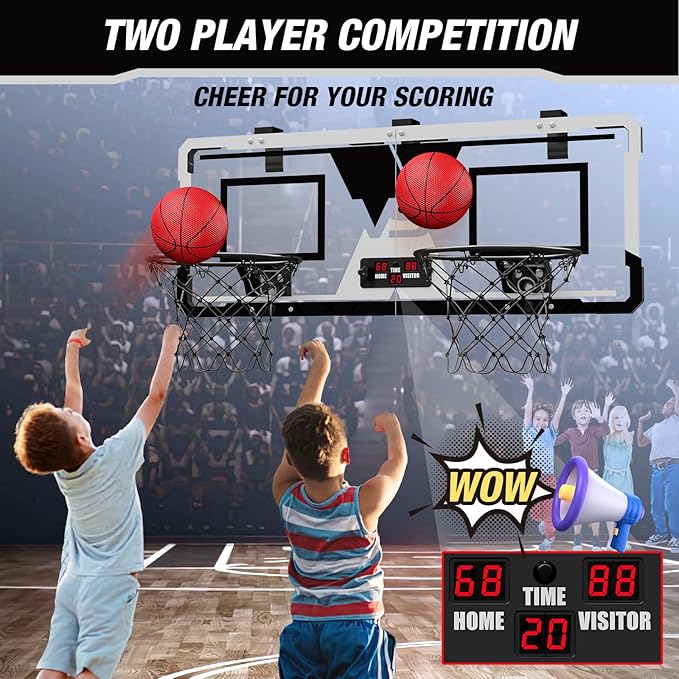 2 Player Basketball Game, Dual Shot Over The Door Mini Basketball Hoop Indoor with Scoreboard, Basketball Toy Gifts for Kids Boys Girls Adults, Suit for Bedroom/Office/Outdoor/Pool, Black