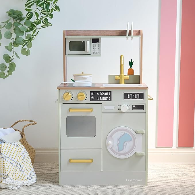 Teamson Kids Little Chef Lake Tahoe Smart Play Kitchen with Washing Machine, Oven, Microwave & Ample Storage, Neat & Compact Healthy Play for Age 3+, Sage Green