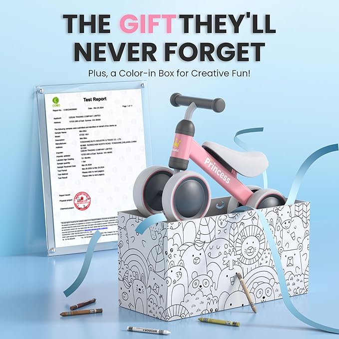 BEKILOLE Baby Balance Bike for 1 Year Old Girl Gifts, 12-24 Month Toddler Balance Bike, 4 Silent Wheels Pre-School First Ride On Toys, 1st Birthday Gifts