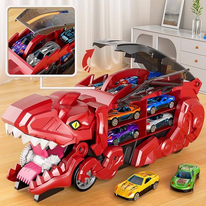 Toddler Truck Toys for 3 4 5 6 Years Old Boys, Toys Cars Track Set Dinosaur Transporter Truck with 10 Die-Cast Car Toys, Transforms into Dino, Toddler Car Toys Set for Kids Boys Girls