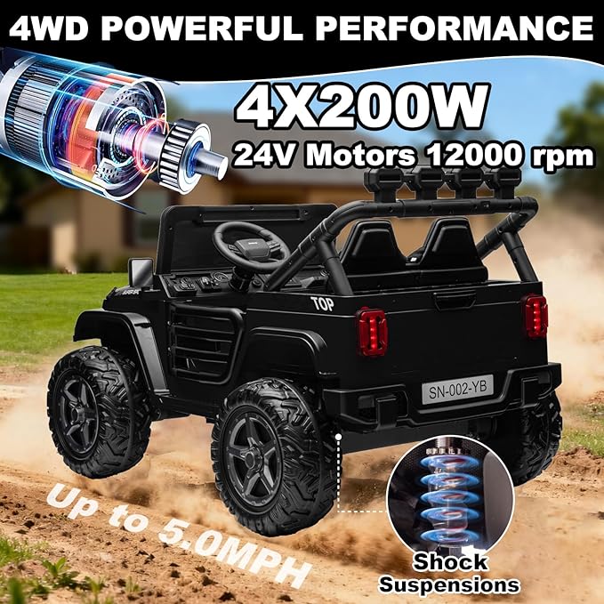 NEWQIDA 24V 2 Seater Ride on Car w/Remote Control 4wd Kids Electric Vehicles Ride on Toys Car, EVA Tires Wheels, 20" Spacious Seat, LED Lights, Music, Spring Suspension, 4x200W Motors, Black