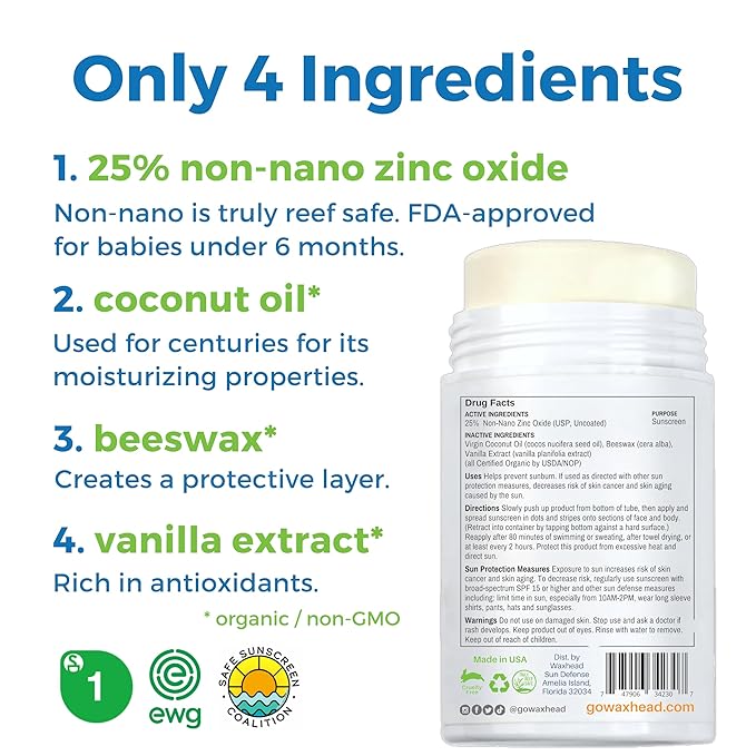 Waxhead Zinc Oxide Sunscreen Stick SPF 30 – Mineral Sunblock for Face & Body, Sport & Surf Reef Safe, Waterproof, Baby & Kids Safe for Sensitive Skin, Non-Nano Organic Tattoo Protection (White, 3.7oz)