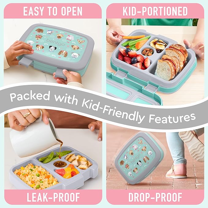 Bentgo Kids Prints Leak-Proof, 5-Compartment Bento-Style Kids Lunch Box - Ideal Portion Sizes for Ages 3-7, Durable, Drop-Proof, Dishwasher Safe, & PFAS & BPA-Free Materials (Puppy Love)